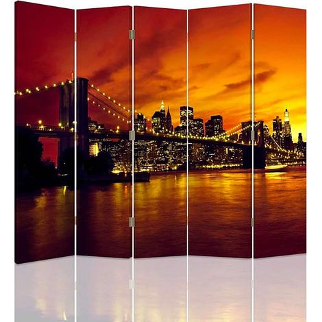 Paravent Pont de Brooklyn & Manhattan - Coucher Soleil - 180 x 180 cm - 1 face déco, 1 face noir (1/5)