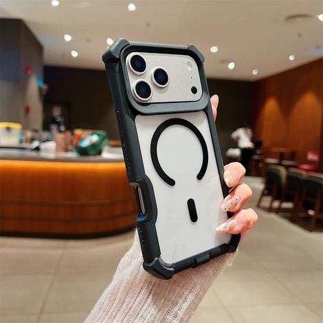 (iPhone 15, Noir) Étui magnétique transparent antichoc pour iPhone, compatible MagSafe.
