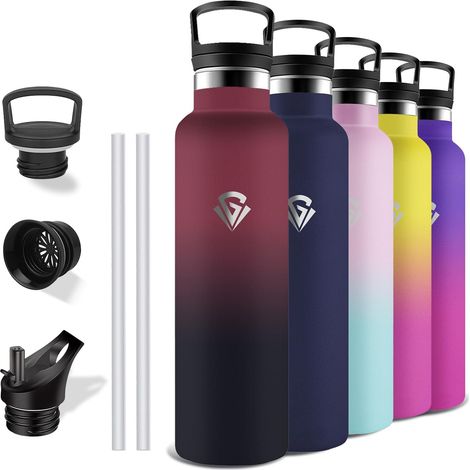 Gourde Isotherme, 1l, Sans BPA, Paille, Anti Fuite, Gourde Inox, Acier Inoxydable 18/8, Adulte, Double Isolation, Bouteille d'eau pour Randonnée, Camping, Aptitude, Sportif (1/5)