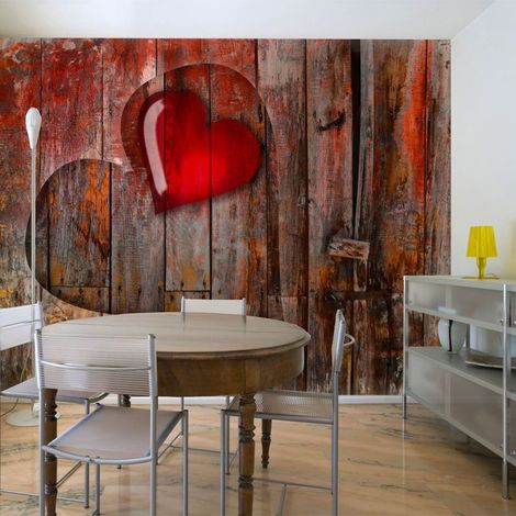 Papier peint coeurs sur fond de bois - 350 x 270 cm (1/4)