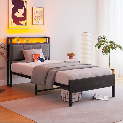 REDOM - Cama infantil 90x200 cm - con LED - cabecero de almacenaje - con USB y enchufe - MDF metal - negro (Sans matelas) (1/5)