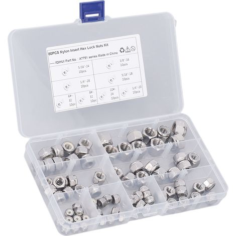 Kit 80 écrous hexagonaux autobloquants en acier inoxydable 304, insert nylon, 8 tailles assorties. (1/5)
