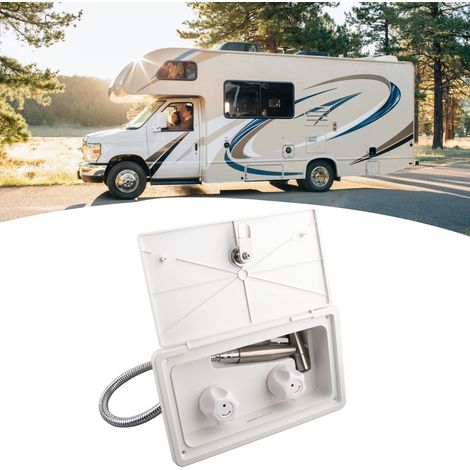 Accessoires pour aménagement de camping-car, douche extérieure à double robinet pour camping-car, pommeau de douche pour camping-car, boîtier de douche extérieur, blanc avec flexible métallique 010005 (1/5)