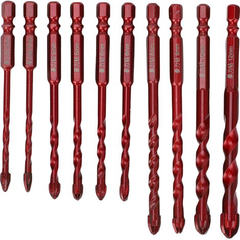Jeu de 10 forets à béton de 5 à 12 mm (3/16 po, 1/2 po, 1/4 po), queue hexagonale, en céramique, pour bois et plastique (1/5)