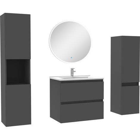 Ensemble meubles Salle de Bain 60cm vasque + colonne + miroir rond mural Anthracite