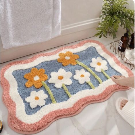 1 tapis de salle de bain en plastique texturé fleuri, doux, absorbant et antidérapant. Épaissi en polaire, décor d'entrée, décor de salle de bain et de cuisine (1/4)