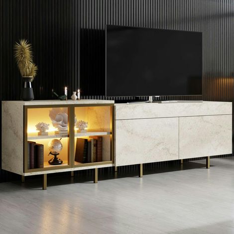 Meuble TV décor travertin et doré 2 portes 1 niche LED AURA (1/5)