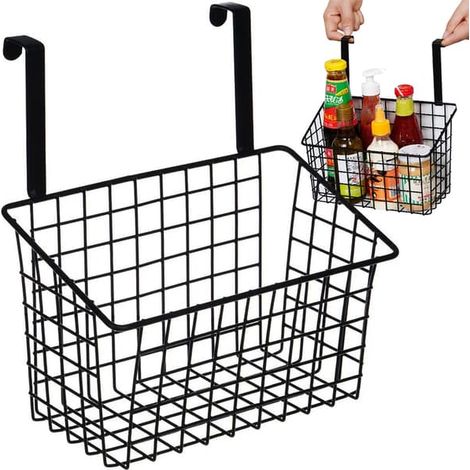 Panier métallique noir, à suspendre à une porte ou à utiliser comme étagère de cuisine. (1/5)