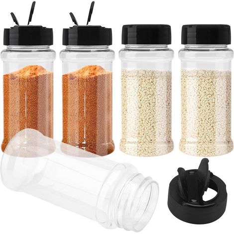 Lot de 5 pots à épices vides (100 ml) avec couvercles noirs. Ces pots en plastique sont parfaits pour ranger épices, poudres, poivre et sel dans un tiroir, un placard ou une étagère à épices. Contenan (1/5)