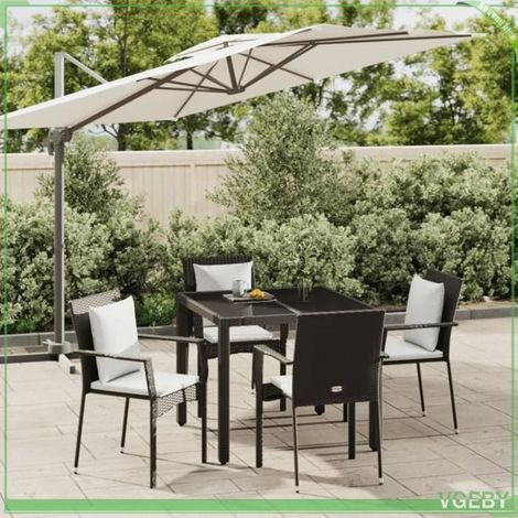 Ensemble à manger de jardin - FAFEICY - 3184976 - Résine tressée noire - Table verre trempé 90x90 cm - 4 chaises avec coussins (1/5)