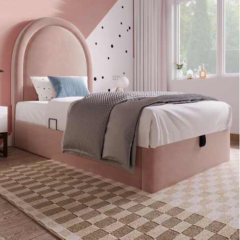 MEUBLIV Lit enfant rembourré en velours rose avec tête de lit demi arc et rangement hydraulique 90 x 190 cm (1/5)