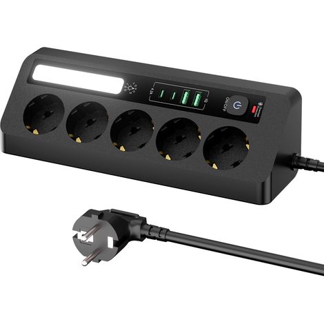 5-fach Steckdosenleiste für den Schreibtisch mit 4 USB-Anschlüssen (2 USB-A + 2 USB-C), LED-Anzeige, Winkelstecker mit Schalter und 2 m Kabel, ideal für Büro und Zuhause – Schwarz