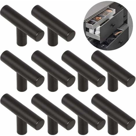 Boutons de portes 10 Pièces T Alliage Poignée Brossé Facile Poignées Porte D'armoire Meubles Monotrou Alliage Solide Durable, pour Tiroirs, Armoires, Placard, Armoires Chaussures, Tables Chevet—Noir S (1/5)
