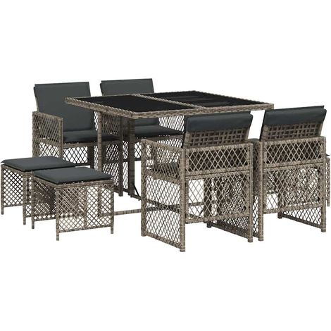 9 Piece Garden Dining Set with Cushions Grey Poly Rattan vidaXL (1/5)