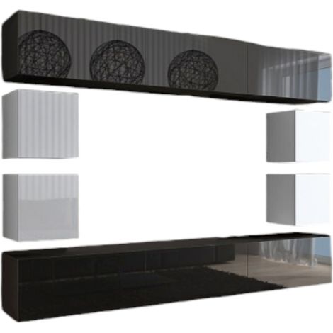 Set di mobili da soggiorno nero e bianco sospesi collezione CEPTO XVII 249cm, 10 pezzi, con LED, modulari.