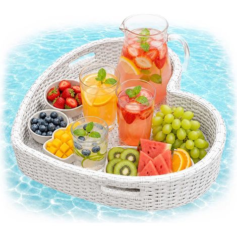 Heart-Shaped Floating Pool Tray, White, PE Rattan (1/5)
