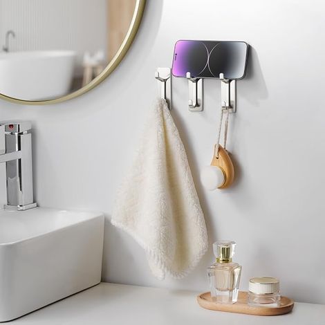 Adhesive Wall Hook, Bathroom Towel Holder, Kitchen Tea Towel Hook, Adhesive Coat Holder, Wall Clip Without Drilling, Silver (1/3)