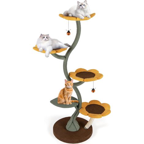 COSTWAY Albero per Gatti, Tiragraffi per Gatti a Forma di Girasole con 4 Piattaforme a Forma di Fiore, Pali Tiragraffi, Base Rotonda Ampia, Piattaforma Imbottita e Pallina Sospesa, Mobili Arrampicata