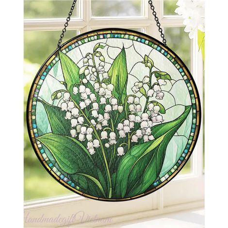 Sonnenfänger mit Maiglöckchenmotiv aus Buntglas, 9 cm, florale Fensterdekoration, Buntglasblumen (1/5)
