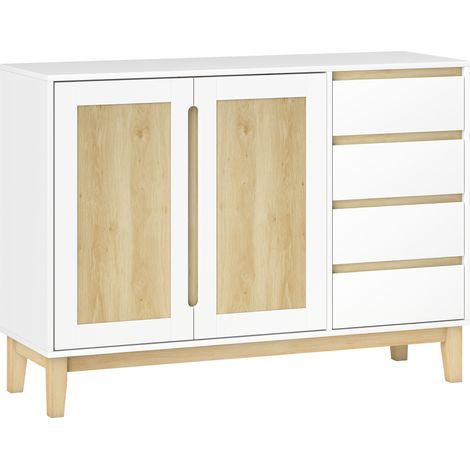 Buffet de rangement blanc et chêne, 120x40x86 cm, armoire à 2 portes et 4 tiroirs, étagère ajustable, meuble de salon ou salle à manger (1/5)