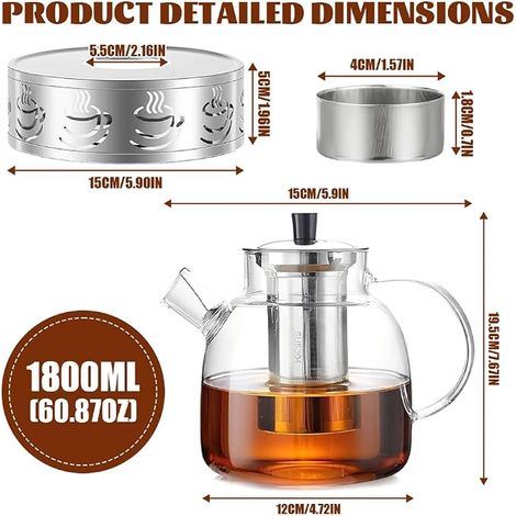 Glass Teapot 1.8L with Stove, Strainer for Loose Tea (1/4)