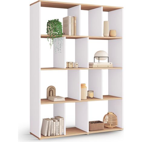 Idmarket – Bibliothèque JENA 4 niveaux 143 cm – 12 compartiments – Panneaux de particules blanc et effet bois – Dimensions 104 x 30 cm