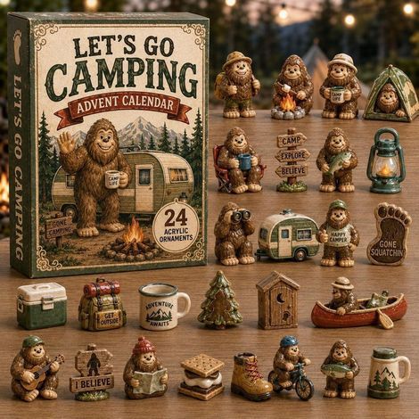 Yeti che saluta durante un campeggio, calendario dell'Avvento 2D 2026 con scatola a sorpresa