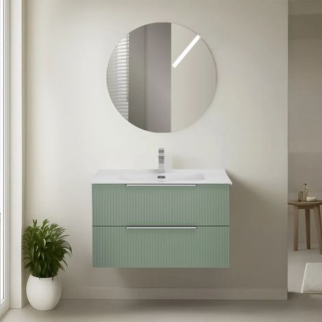 Mobile bagno sospeso 80 cm verde cannettato con lavabo e specchio tondo Zena (1/5)
