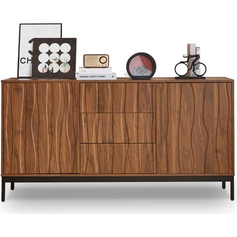 CAIziBuffet 150 cm en chêne à veinage foncé, 3 tiroirs, grand buffet, meuble de cuisine, découpe monobloc, meuble décoratif Mid-Century Modern pour cuisine, salon, entrée, couloir
