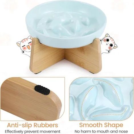 Gamelle anti-glouton en céramique verte pour chat avec support en bambou, bord lisse et sûre pour les animaux de compagnie (1/3)