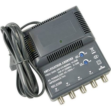 Optex – Amplificateur TV intérieur 4 sorties – Gain 10 à 25 dB – Compatible TNT – Améliore signaux faibles – Connexions fiche F – Tension 230V AC – Blanc