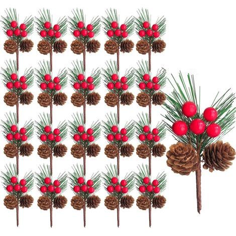 20 Pièces Branches de Pin Artificielles de Noël, 12CM Brins de Houx Aiguilles de Pin Artificielles avec Baies Rouges et Cône pour Noël Couronne Guirlande Loisirs Créatifs Maison Fête Décoration (1/5)