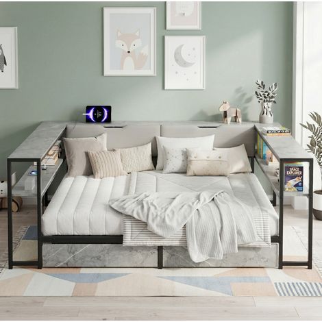 Lit de jour MDF et métal gris 90x200 cm avec rangement intégré, USB/Type-C et sommier à lattes inclus (1/5)