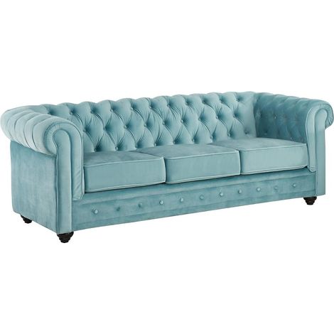 Divano CHESTERFIELD 3 posti in velluto Azzurro pastello (1/4)