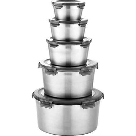 1 set of silver stainless steel food storage containers for refrigerator, round lunch boxes, airtight food storage containers for home use.