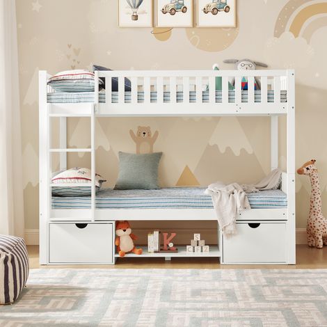 Lit superposé enfant 90 x 200 cm blanc en pin massif séparable en 2 lits simples barrières échelle tiroirs sans matelas (1/5)