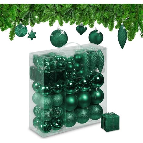 Relaxdays Set 110 Bolas Árbol Navidad, Decoración Navideña Plástico, Adornos Colgantes, Espumillones, Verde Oscuro (1/5)