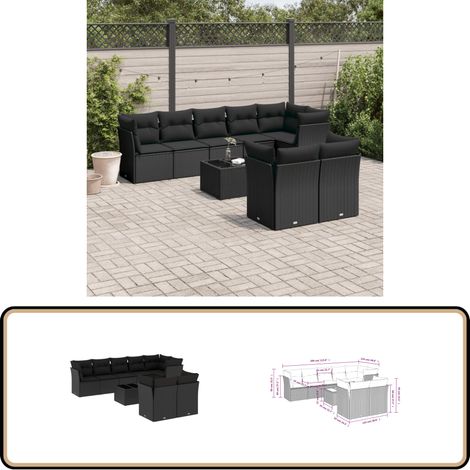 9-tlg. Garten-Sofagarnitur mit Kissen Schwarz Poly Rattan - Gartenmöbel - Esstischgarnituren - Outdoor Möbel - Lounge Set - Rattan Sofa