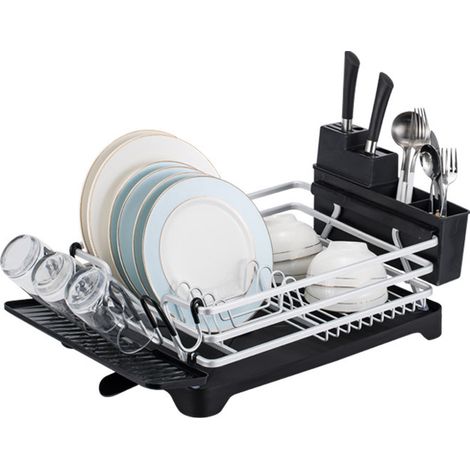 MINKUROW Secadora De Aluminio Para Platos Con Estante De Almacenamiento, Bandeja De Drenaje Extraíble Y Cubierta De Pp De Calidad (Negro)