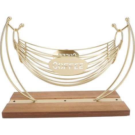Porte-capsules de café, hamac en fer, panier de rangement pour capsules, organiseur de bar avec base en bois pour la cuisine et le bureau. (1/5)