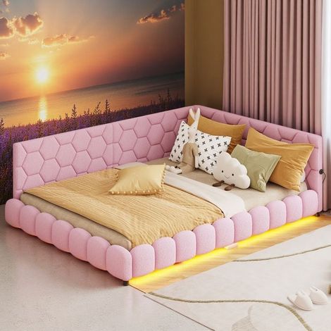 Letto matrimoniale 140x200 cm - Testiera softback semi-avvolgente rosa - USB integrato - LED d'atmosfera regolabile - Velluto & MDF