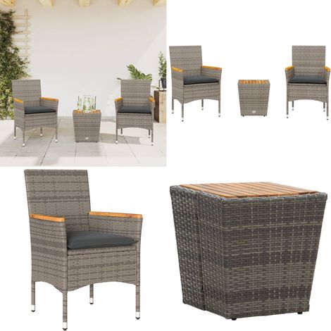 3-tlg. Bistro-Set mit Kissen Grau Poly Rattan und Glas - Bistro-Set - Gartenstuhl (1/5)