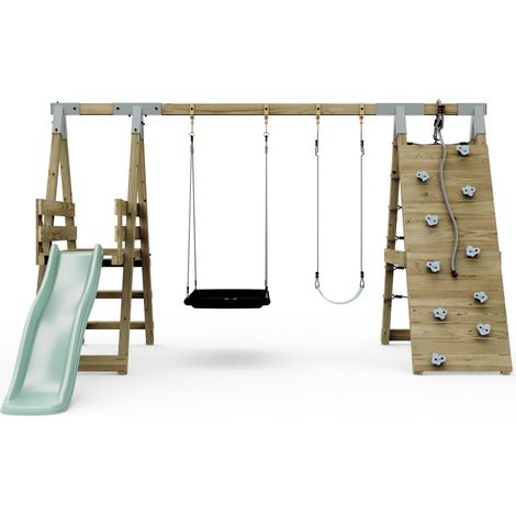 PolarPlay Premium Double Swing Set with Climbing Wall and Slide - Mint Green with Boat Seat (1/5)