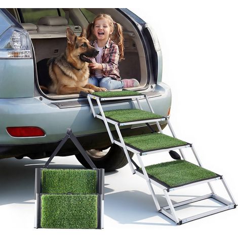 Escalier pour Chien Voiture 4 Marches pour Chien Pliables pour SUV, Camions, Lits Hauts, Canapés, Animaux de Compagnie Charge 90,72 kg, avec Surface Antidérapante Gazon Synthétique, Portable (1/5)