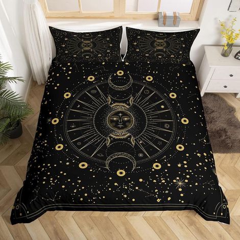Bettwäsche-Set 155x220cm mit Sonne Mond Sterne Motiv, Mikrofaser, Schwarz Gold