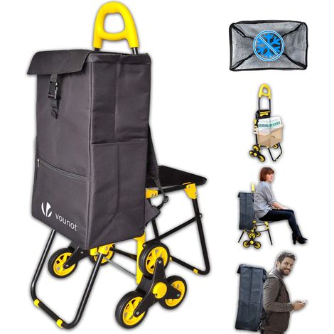 Chariot de Course Pliable avec siège, Chariot marché 3 Roues de Chaque côté, 4 en 1 à roulettes, Sac Isotherme - Diable - Caddie Panier Jaune 104 x 59 x 43 cm (1/5)