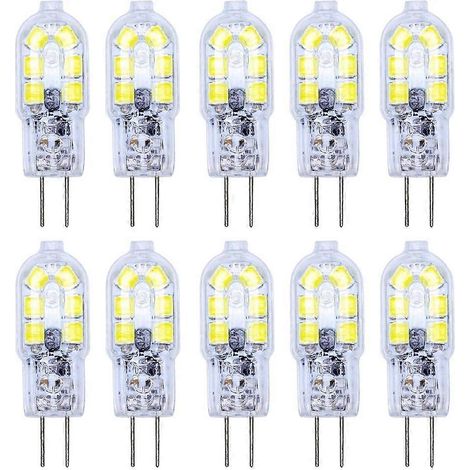 Lot de 10 ampoules LED G4 2W, 12 LED SMD 2835, blanc froid, haute luminosité 120 lm, alimentation AC/DC 12V, classe énergétique A+. (1/4)