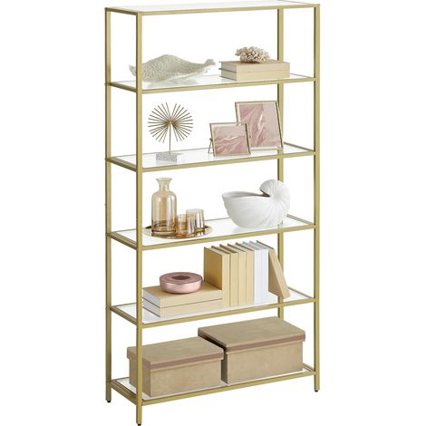 Étagère en Verre à 6 Niveaux, Bibliothèque, Étagère de Rangement, Verre Trempé, Facile à Monter, pour Salle de Bain, Salon, Chambre, Bureau, Doré Métallique LGT503A01 (1/5)