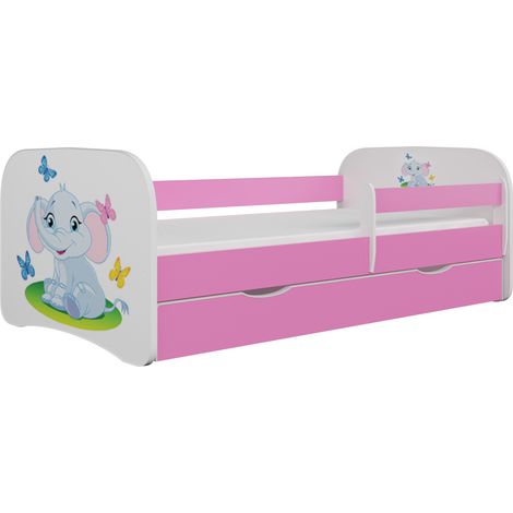 Lit enfant rose petit éléphant avec sommiers et barrière de sécurité amovible Drimy-70x140 (1/5)