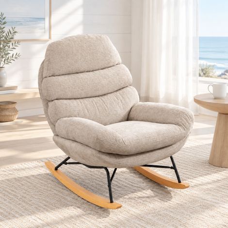 Sillón mecedora acolchado 103 x 80 x 91 cm, poliéster blanco crema, carga 120 kg OKMYHOME (1/5)